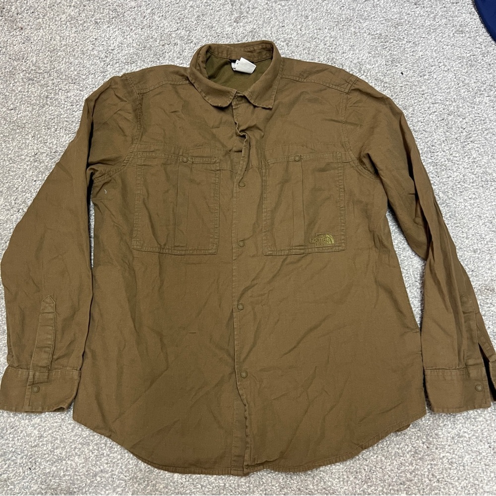 The North Face Shirt Mens Large Brown Cotton Woven Snap Front Vented Utility